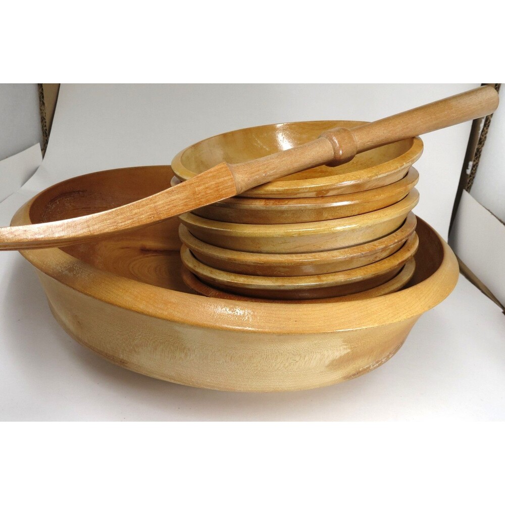 Woodpecker Woodware Salad Set Large Bowl w/ Salad Bowls & Fork Vintage
